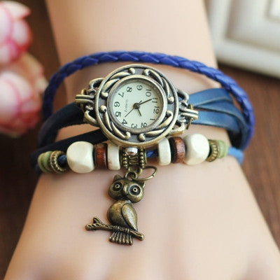 Retro Leather Bracelet Owl Quartz Wrist Watch -- Assorted Colors - 210 Kreations
 - 1